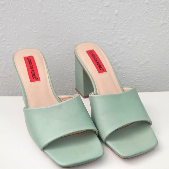 London Rebel Square Toe Block Heeled Mules in Sage Size 38 - Picture 1 of 4